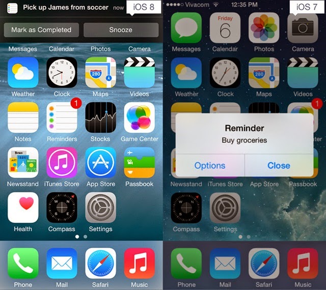 iOS 8 and iOS 7 OS 8 Interactive notifications